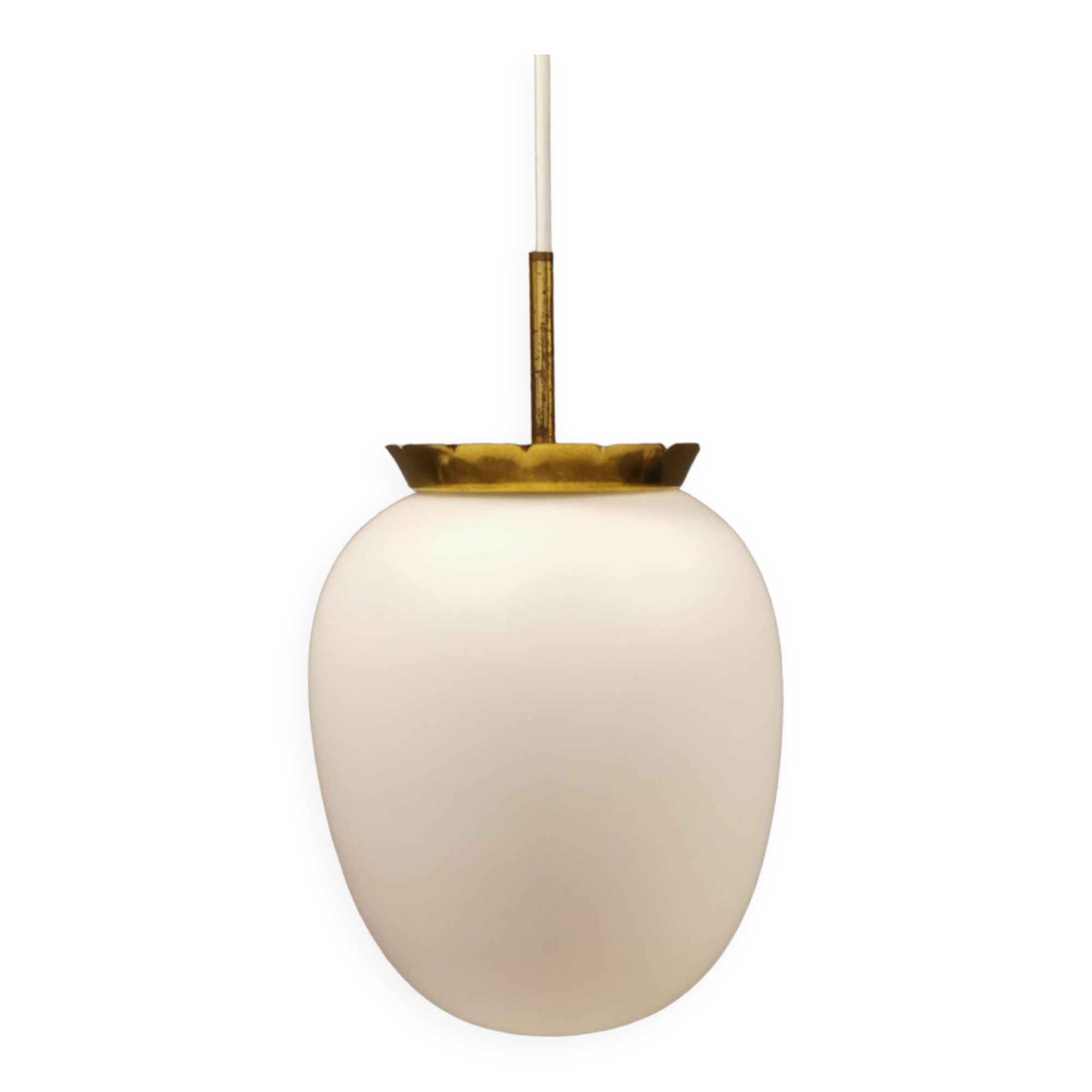 Old hanging lamp in milky white opal glass and brass top/suspension. Danish design 1930s