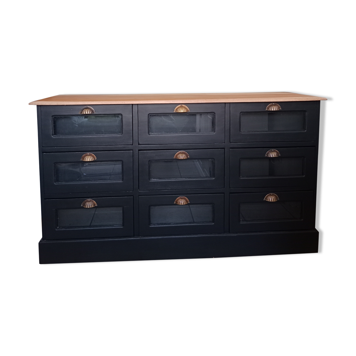 Buffet teck meuble 9 tiroirs en bois brut