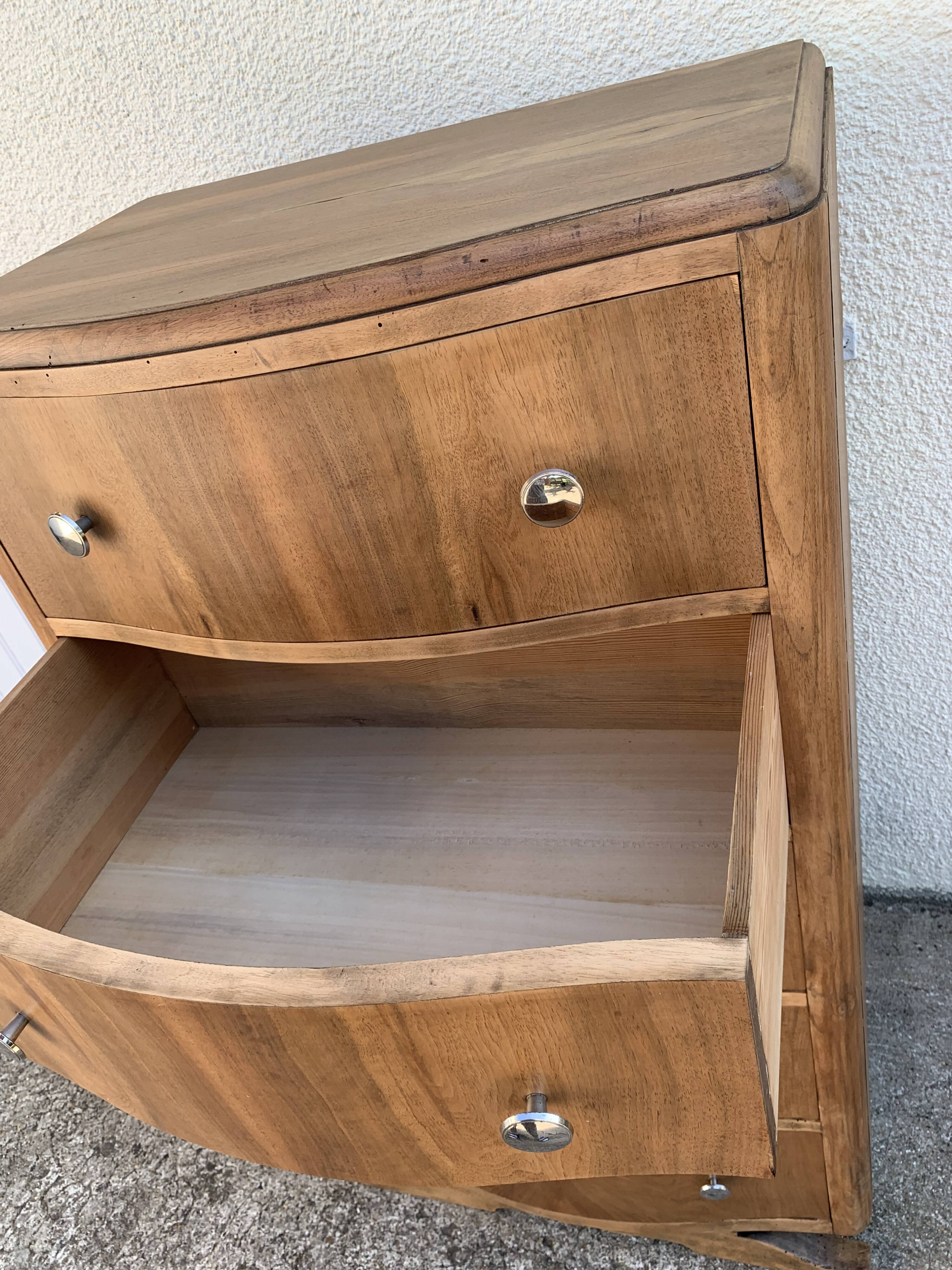 High art deco chest of drawers with mustache feet in raw walnut, 1930s