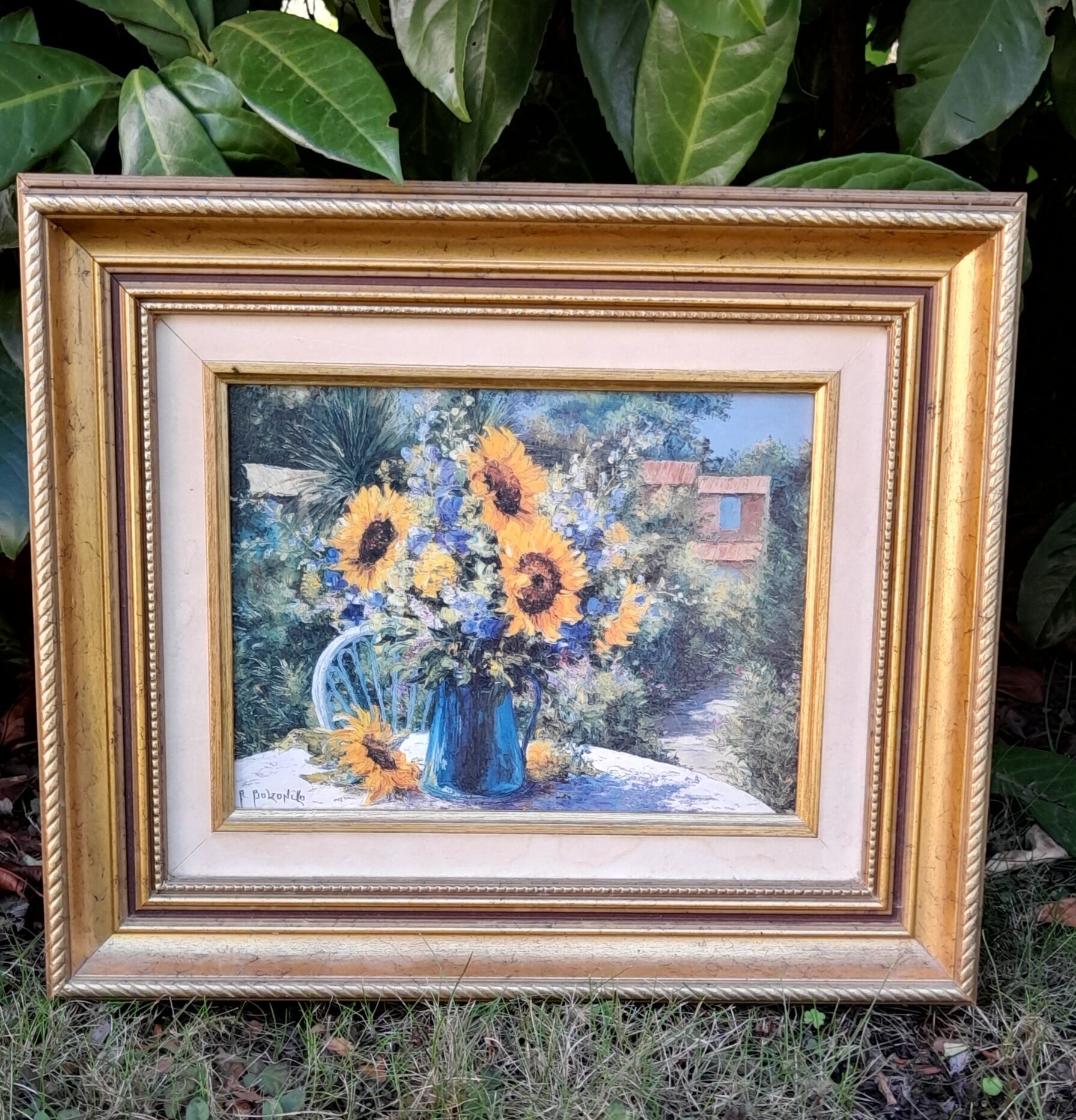 Original sunflower canvas signed by the French painter Roger Bolzonello 39 cm x 33 cm