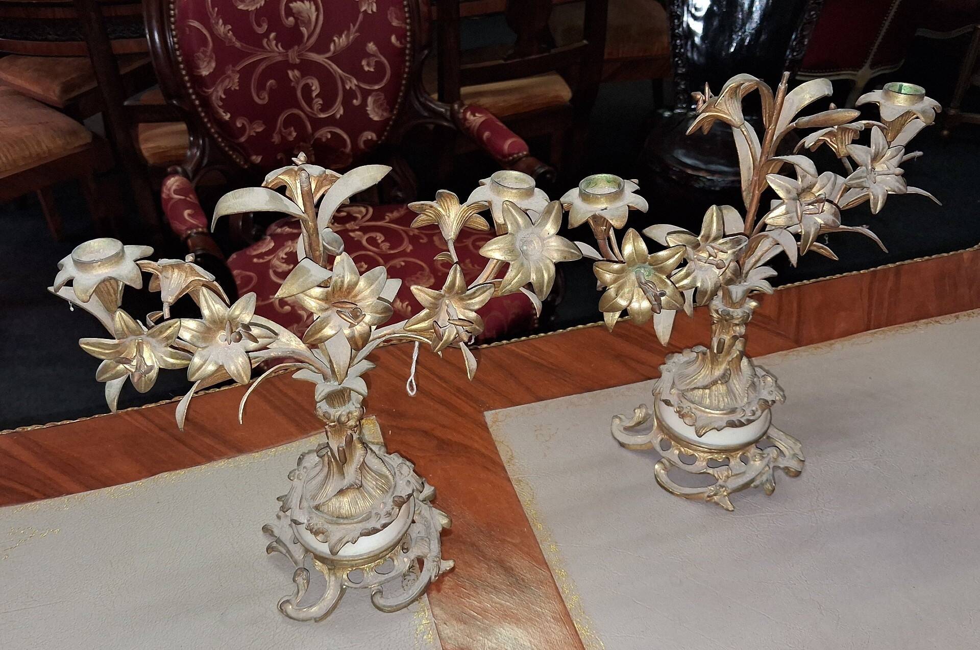Pair of Louis XV Rocaille Style Candle Holders in Gilded Bronze and Marble