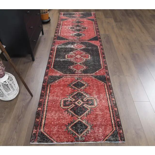 Geometric Turkish hand-knotted red distressed runner 88x321