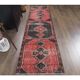 Geometric Turkish hand-knotted red distressed runner 88x321