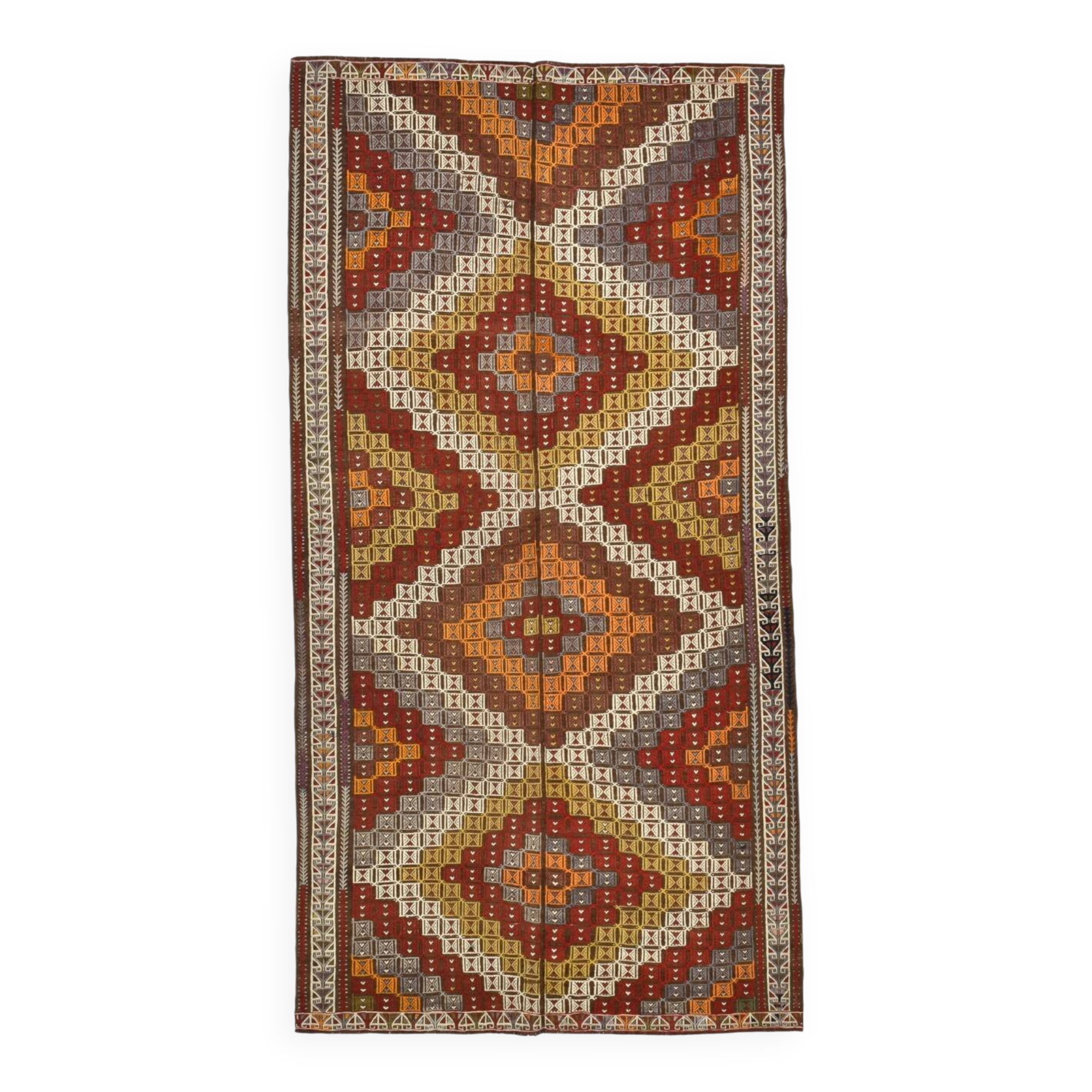 Deep Burgundy & Mustard Yellow Star Pattern Turkish Kilim Rug, 145x282 Cm
