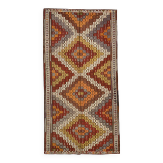 Deep Burgundy & Mustard Yellow Star Pattern Turkish Kilim Rug, 145x282 Cm