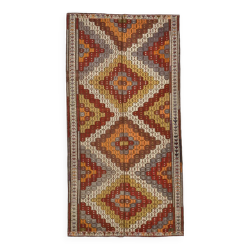 Deep Burgundy & Mustard Yellow Star Pattern Turkish Kilim Rug, 145x282 Cm