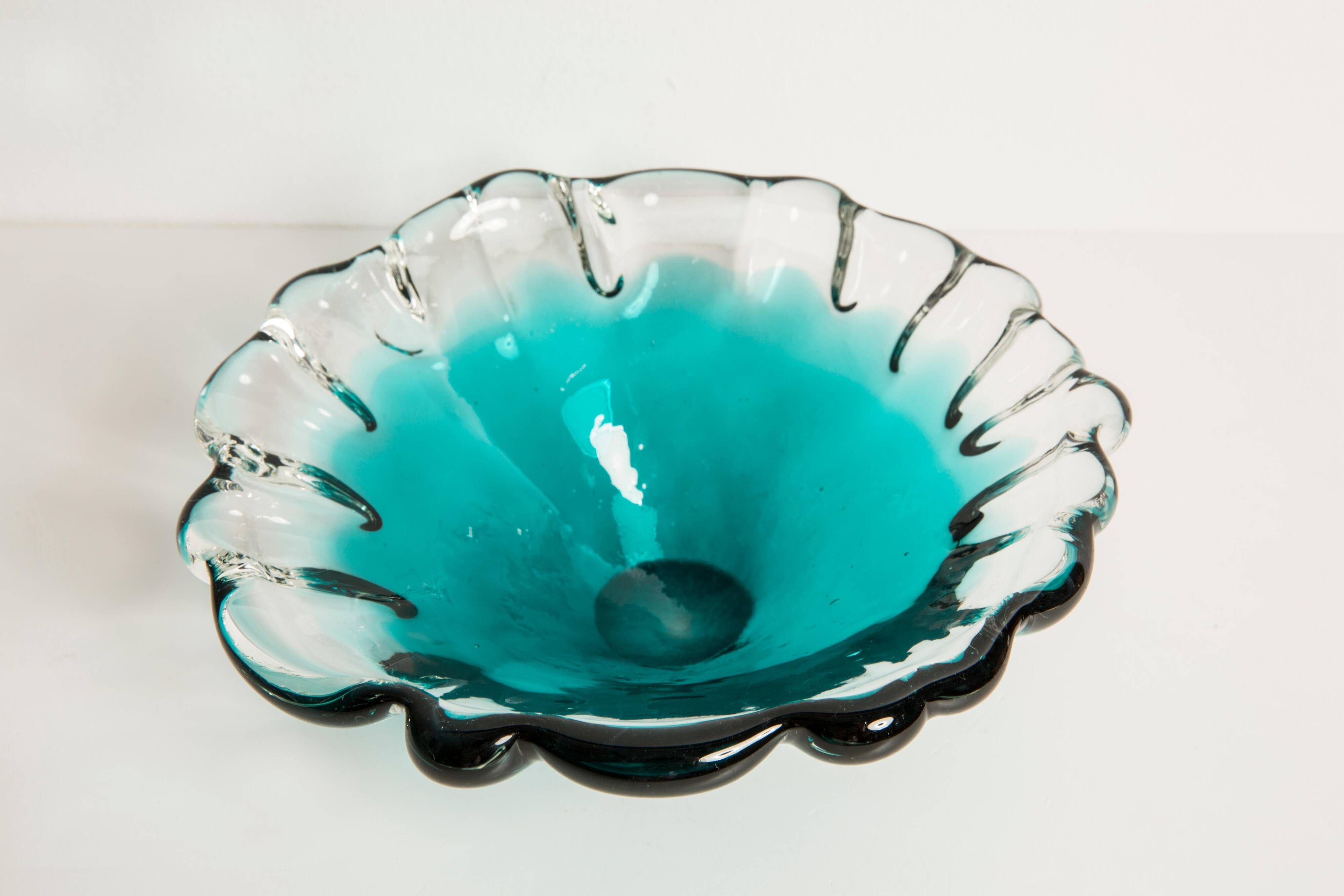 Blue aqua crystal glass bowl, mid-century, Italy, 1970s.