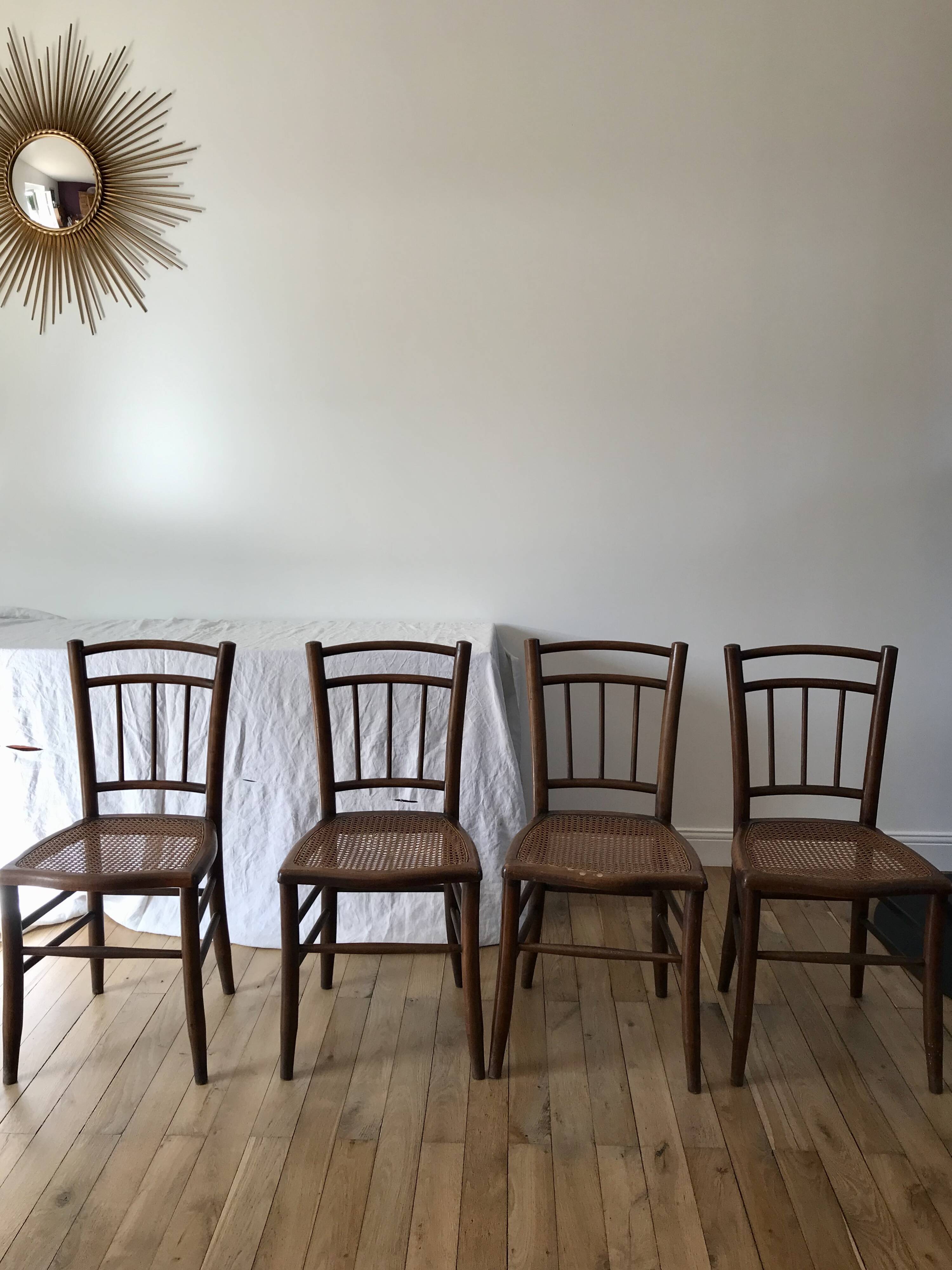 set of 4 bistro chairs in turned wood and canework stamped early 20th century
