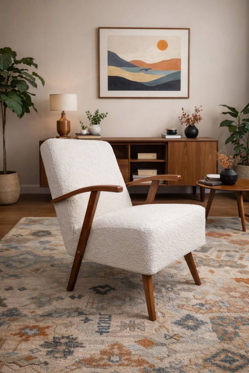 Vintage armchair in pearl bouclé, mid-century modern design from the 1960s.