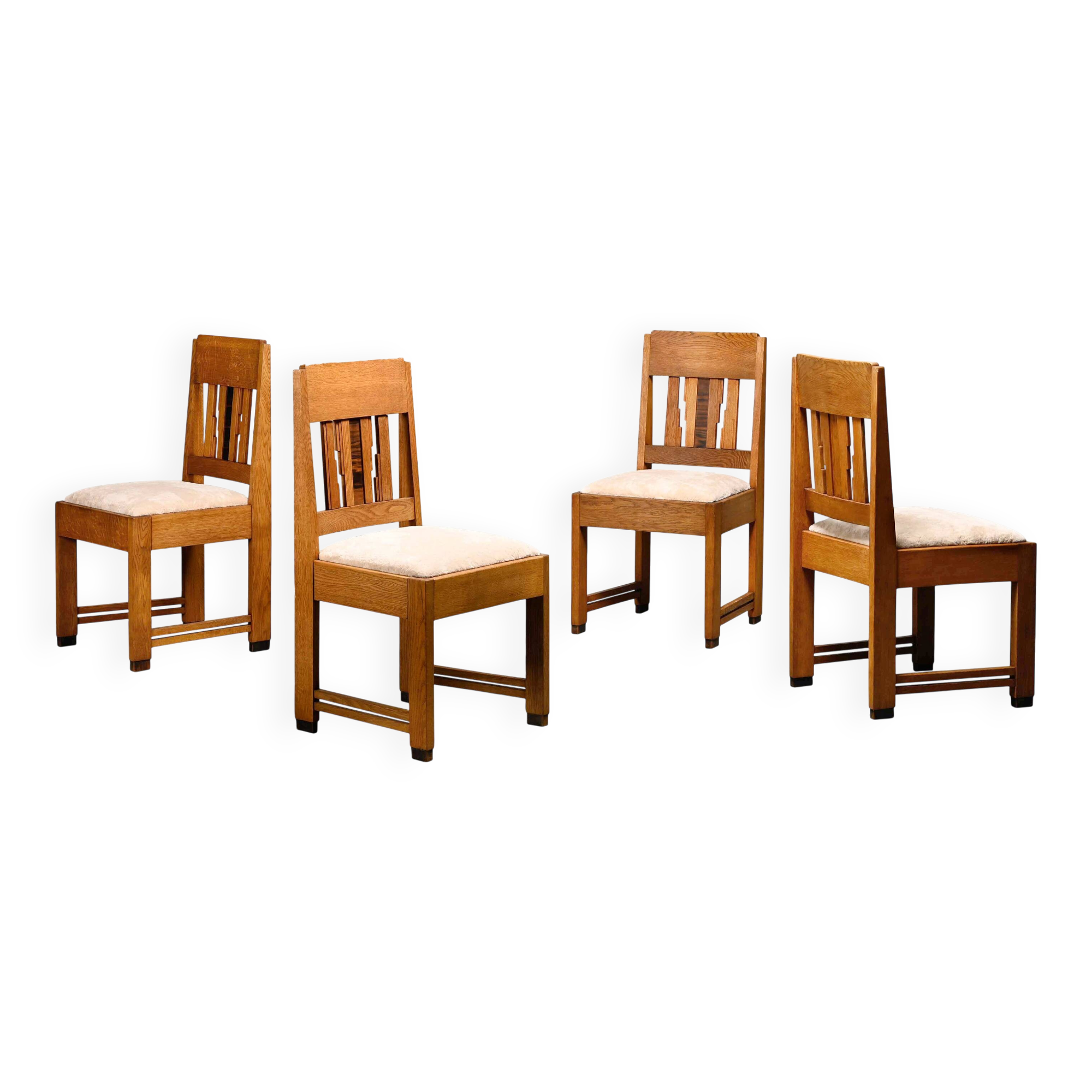 Dutch Art Deco Amsterdam School Dining Chairs in Oak and light Fabric