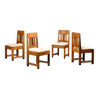 Chaises de salle à manger Art Déco néerlandaises de l'École d'Amsterdam en chêne et tissu clair.