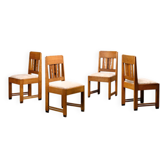 Dutch Art Deco Amsterdam School Dining Chairs in Oak and light Fabric