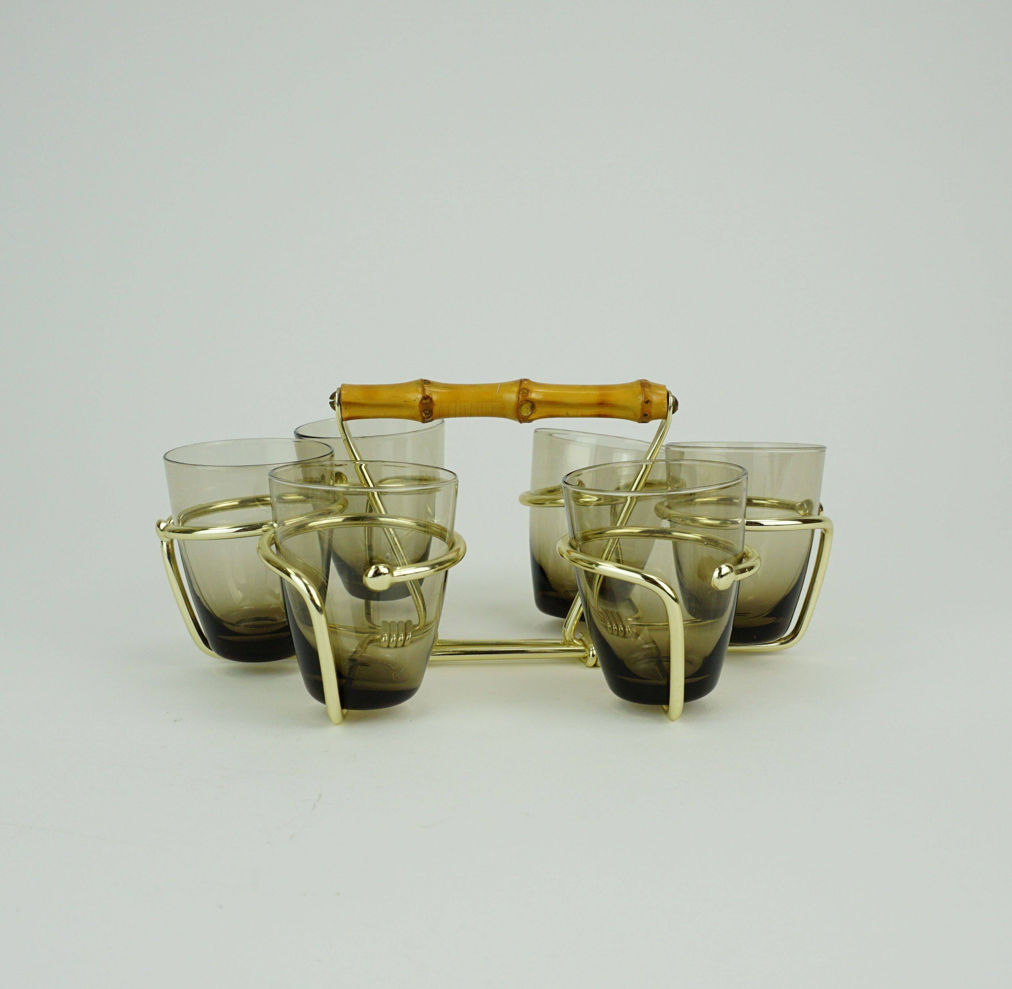 Set of 6 midcentury shot glasses in a brass holder with bamboo handle 1950s