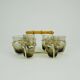 Set of 6 midcentury shot glasses in a brass holder with bamboo handle 1950s