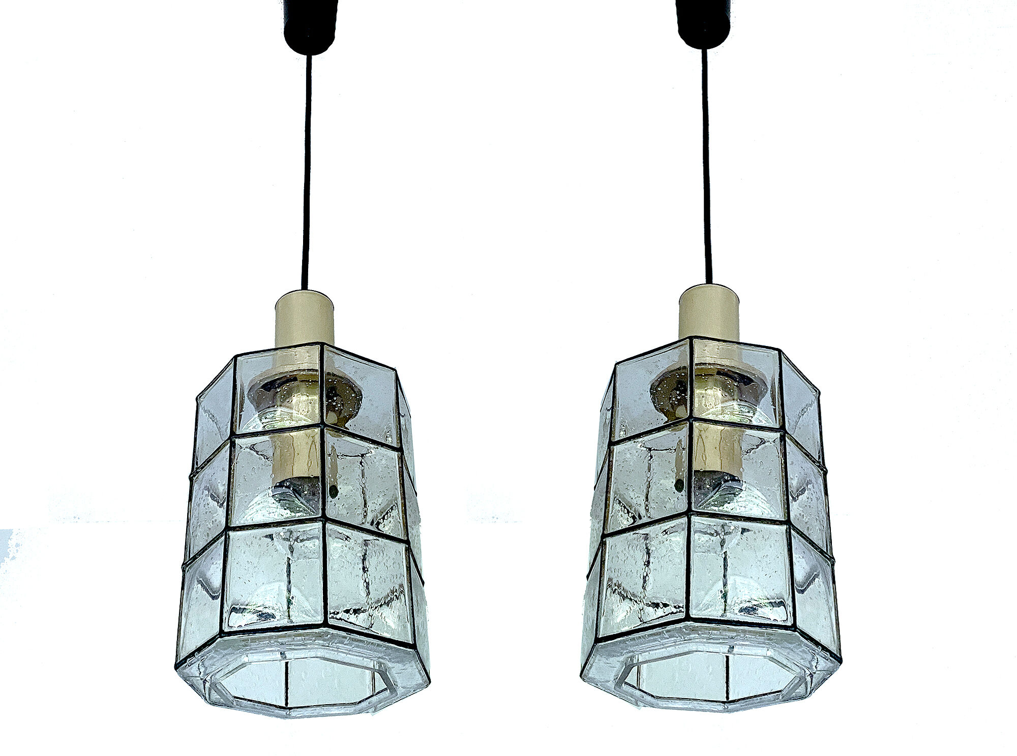 Pair of pendant lamps vintage limburg, glass & brass, 70s