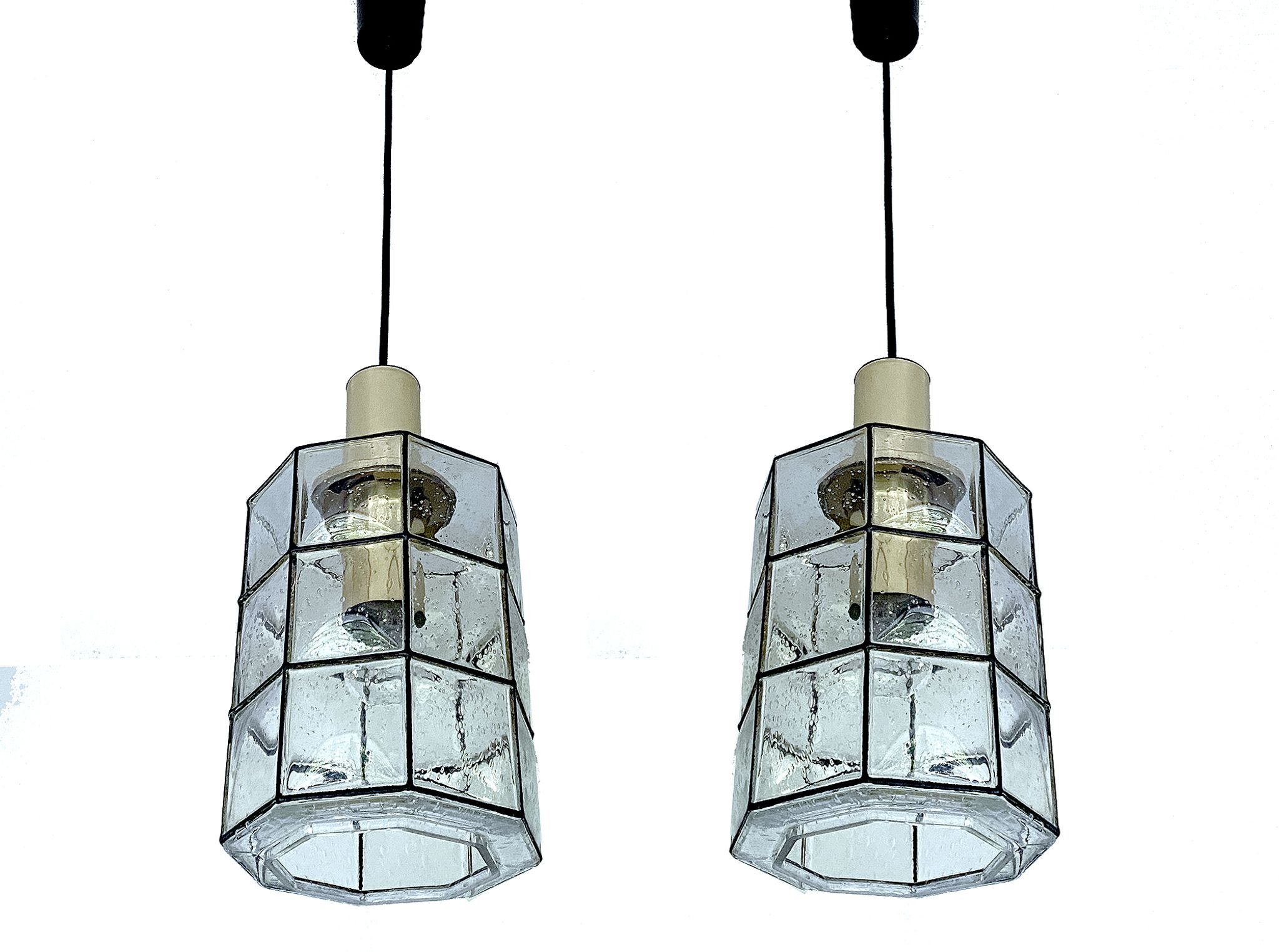 Pair of pendant lamps vintage limburg, glass & brass, 70s
