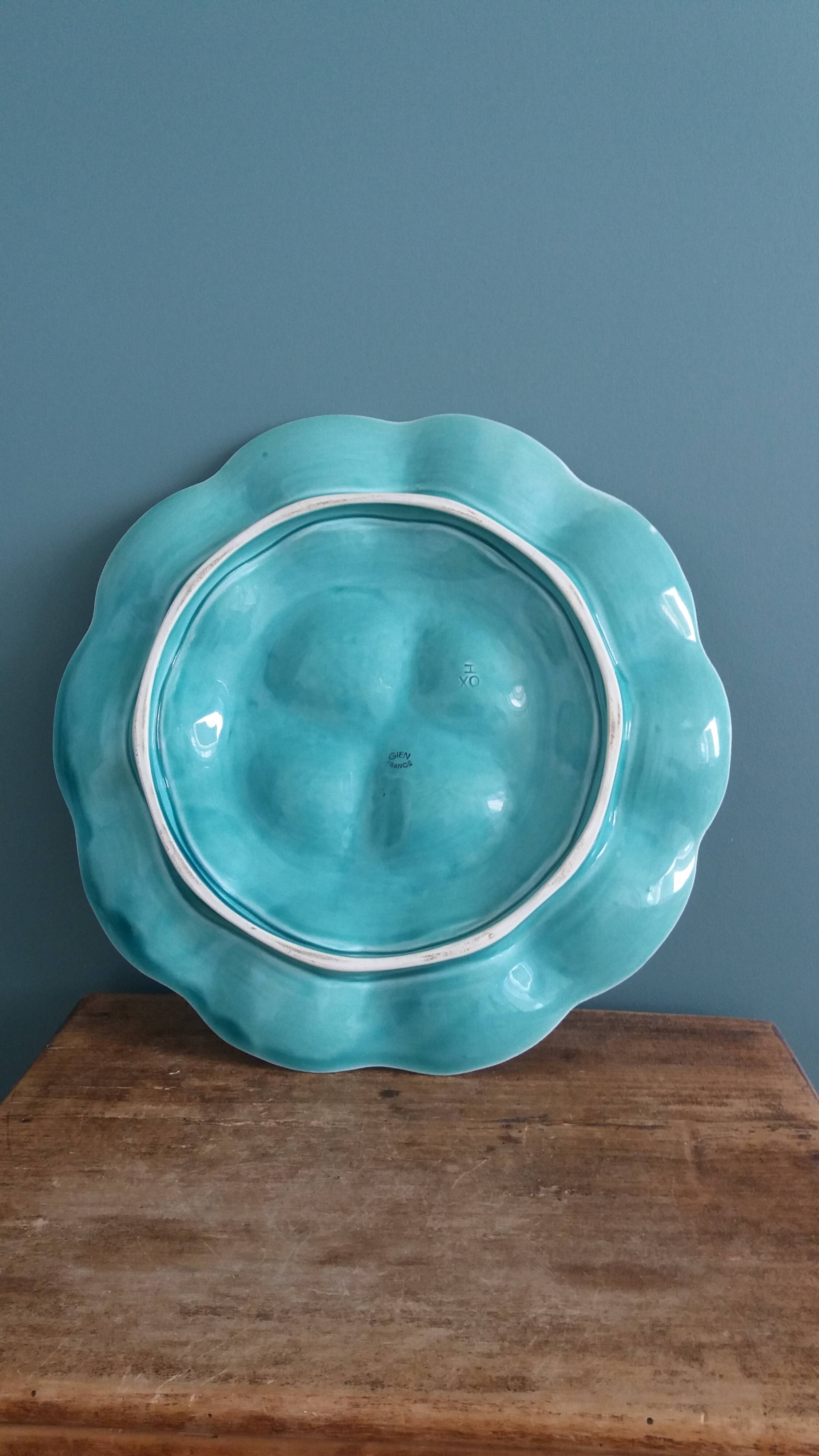 Turquoise barbotine oyster dish Gien France