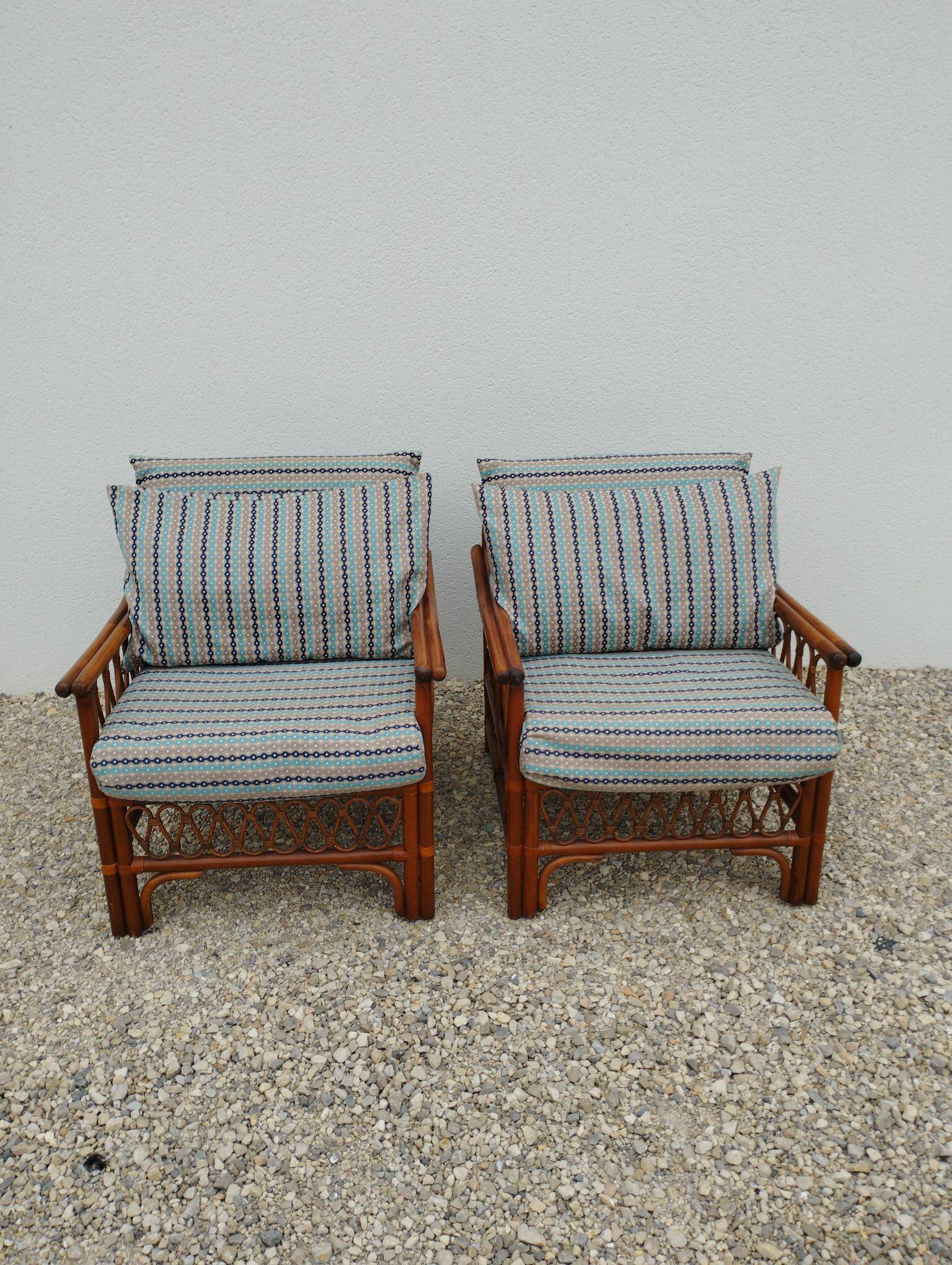 Pair of glacier blue rattan armchairs French Riviera vintage ép