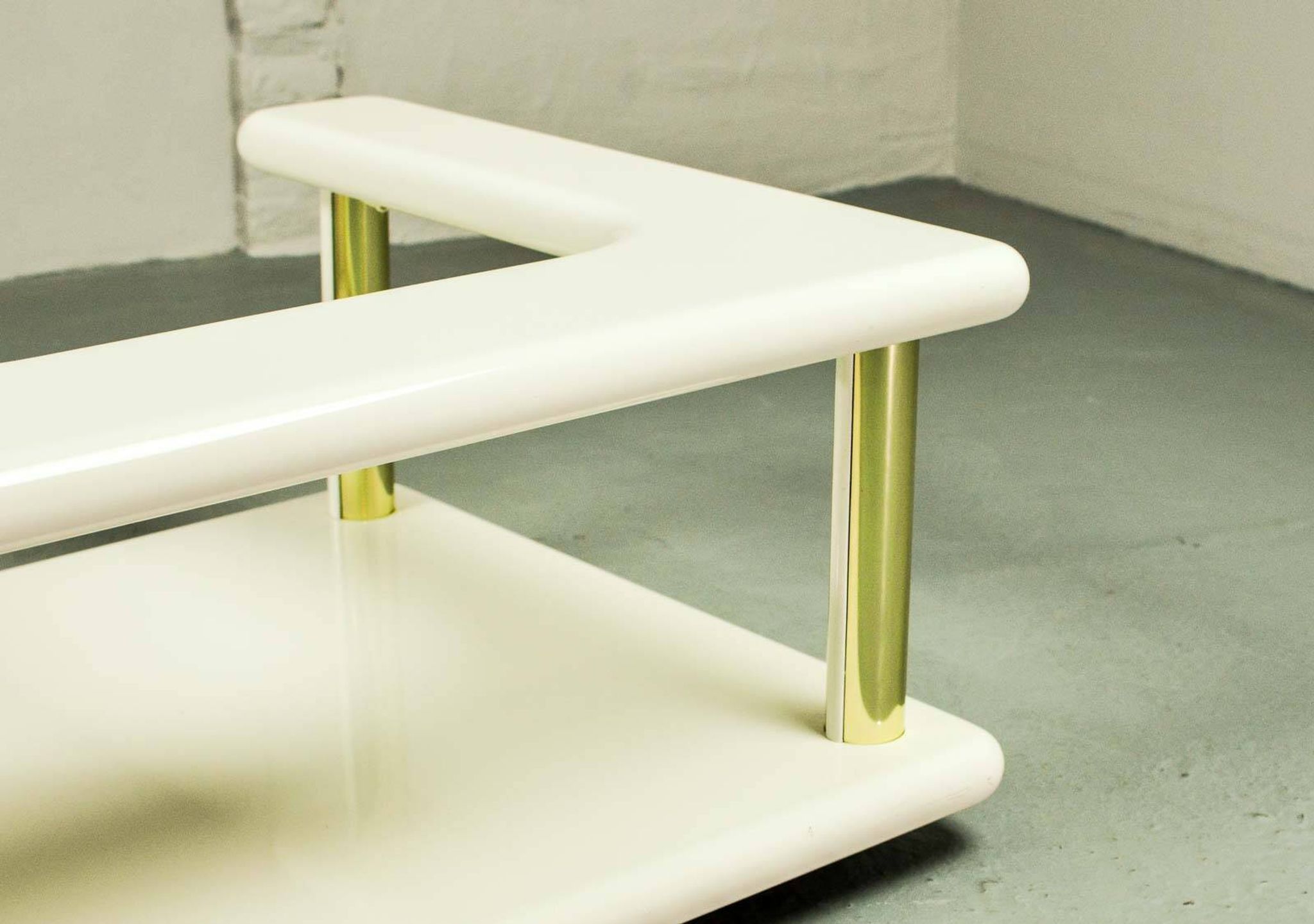 White High Gloss Free Form Italian Design Coffee Table w. Brass Accents 70s