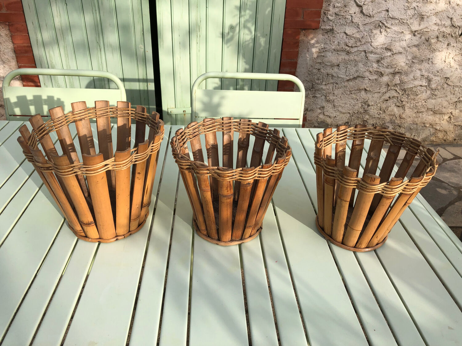 Three vintage bamboo planters