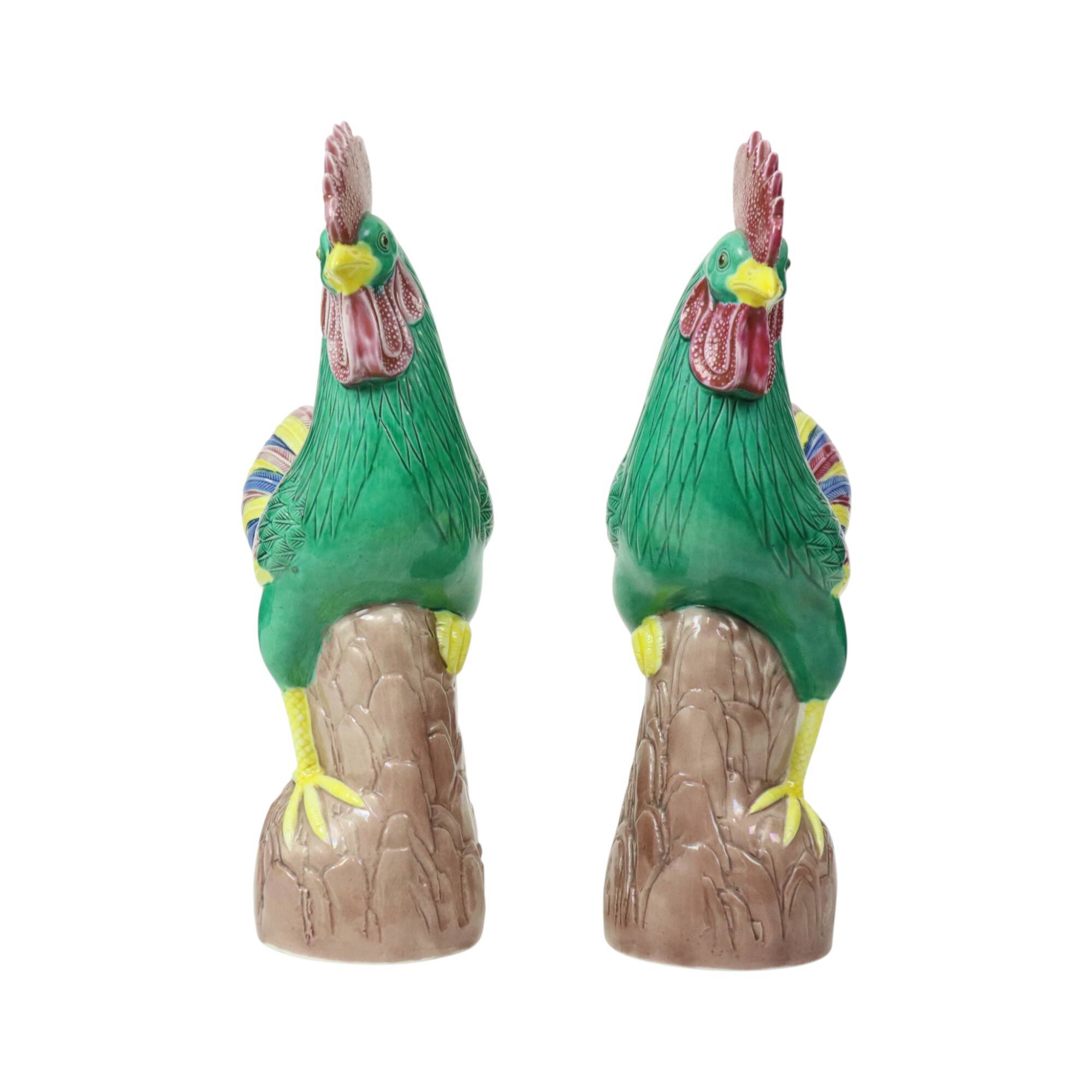 Pair of Glazed Polychrome Roosters Chinese Porcelain 34cm