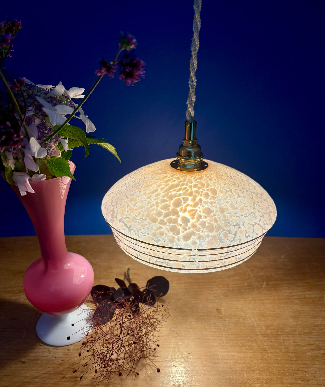 Vintage pink and gold clichy glass lampshade pendant light