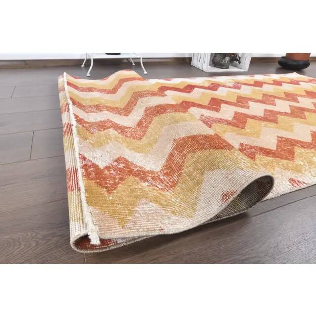 Vintage Chevron Yellow Turkish Hand-Knotted Tribal Runner 111x281