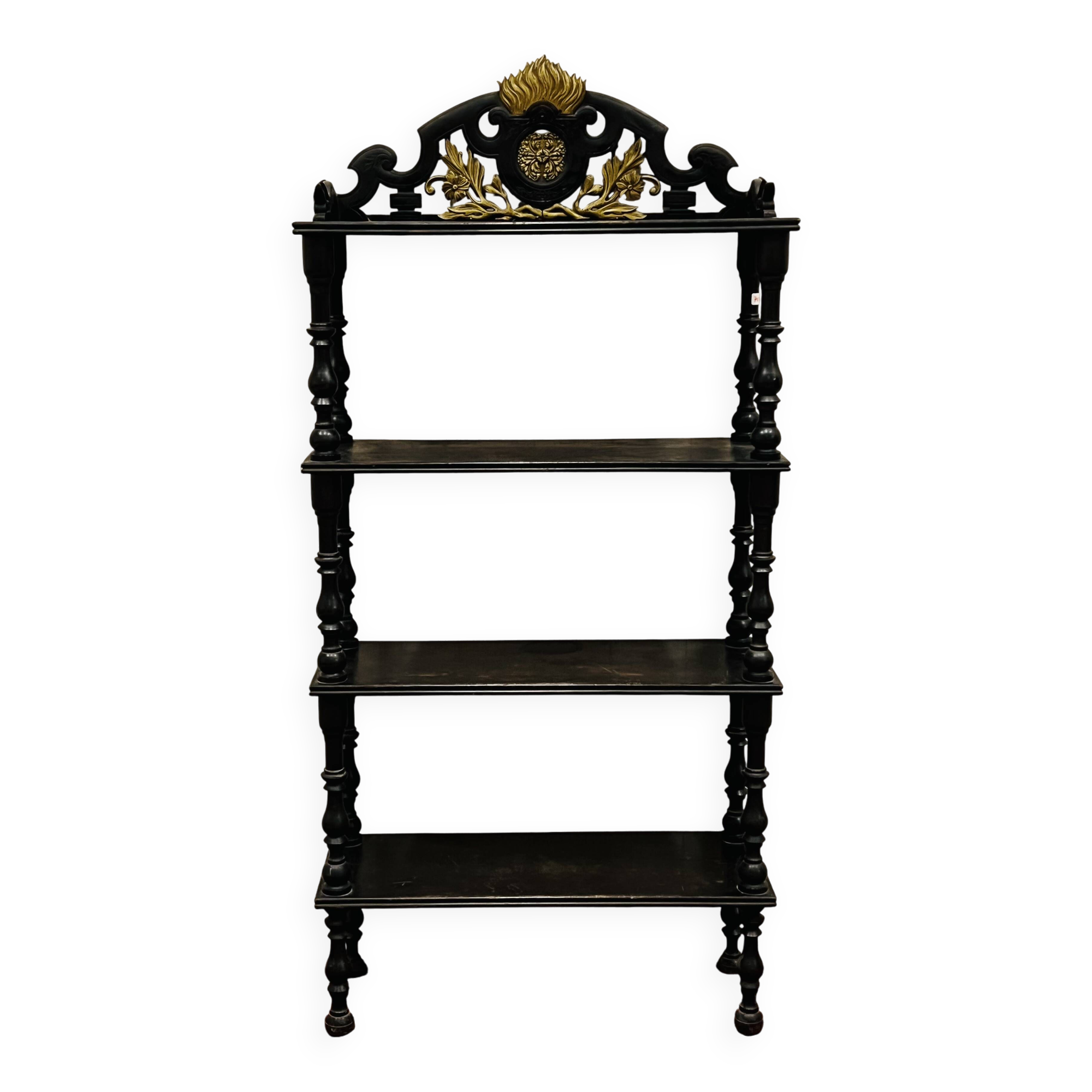 Blackened wooden shelf.