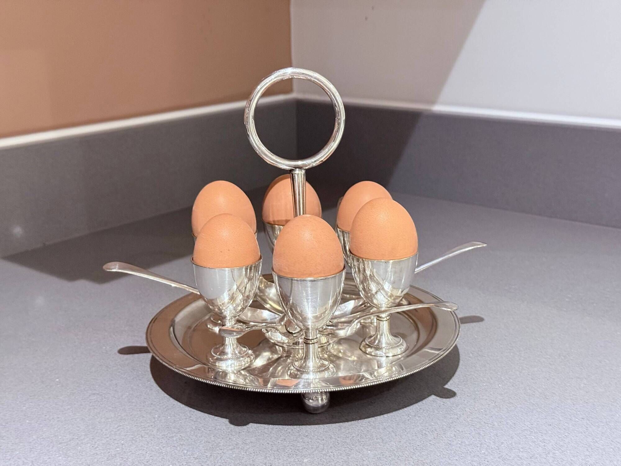 Antique Silver Egg Coddler Stand Holder Set Of 6 Egg Holder With 6 Silver Spoons