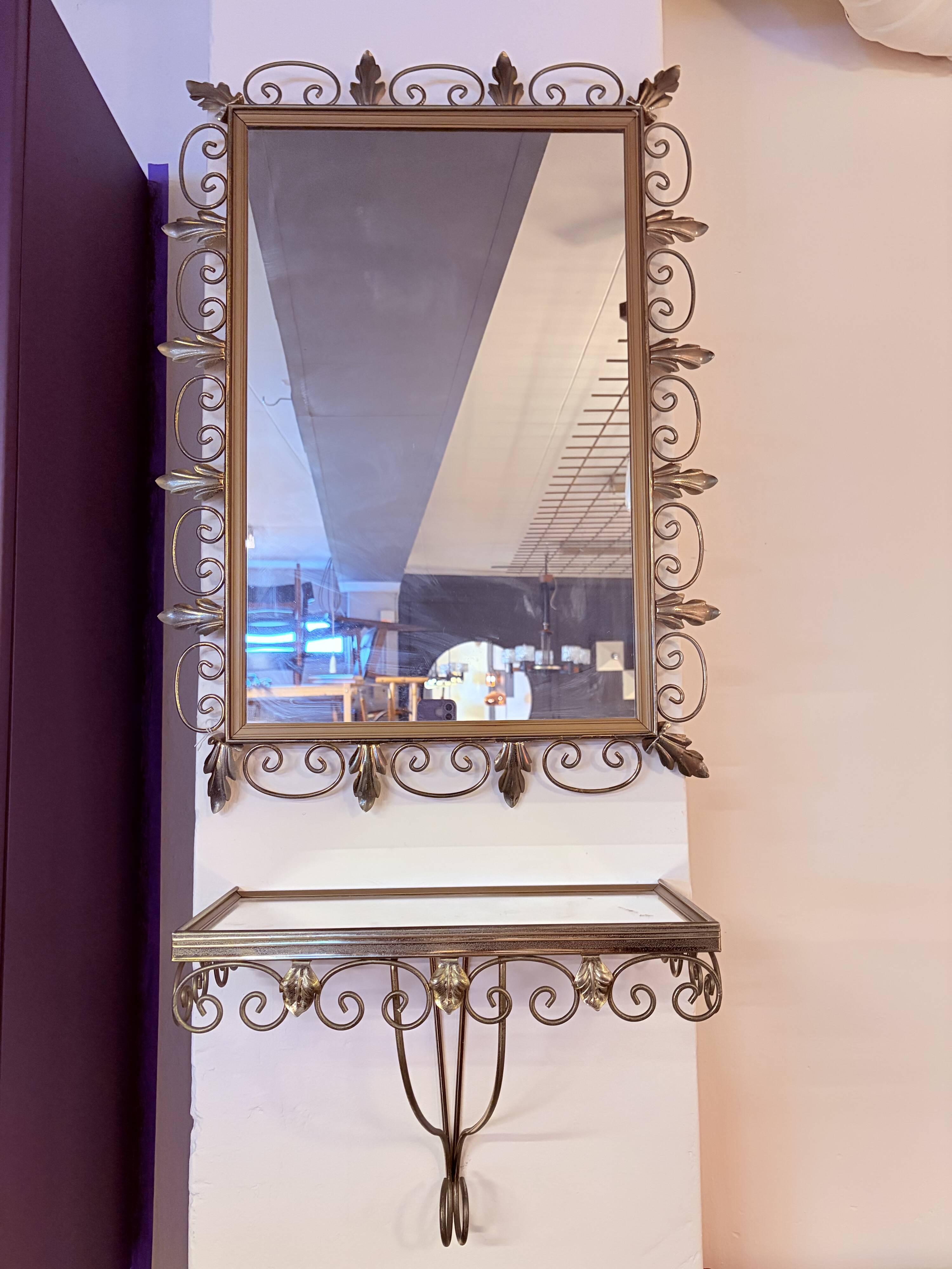 Vintage brass Deknudt mirror with shelf, 1970s