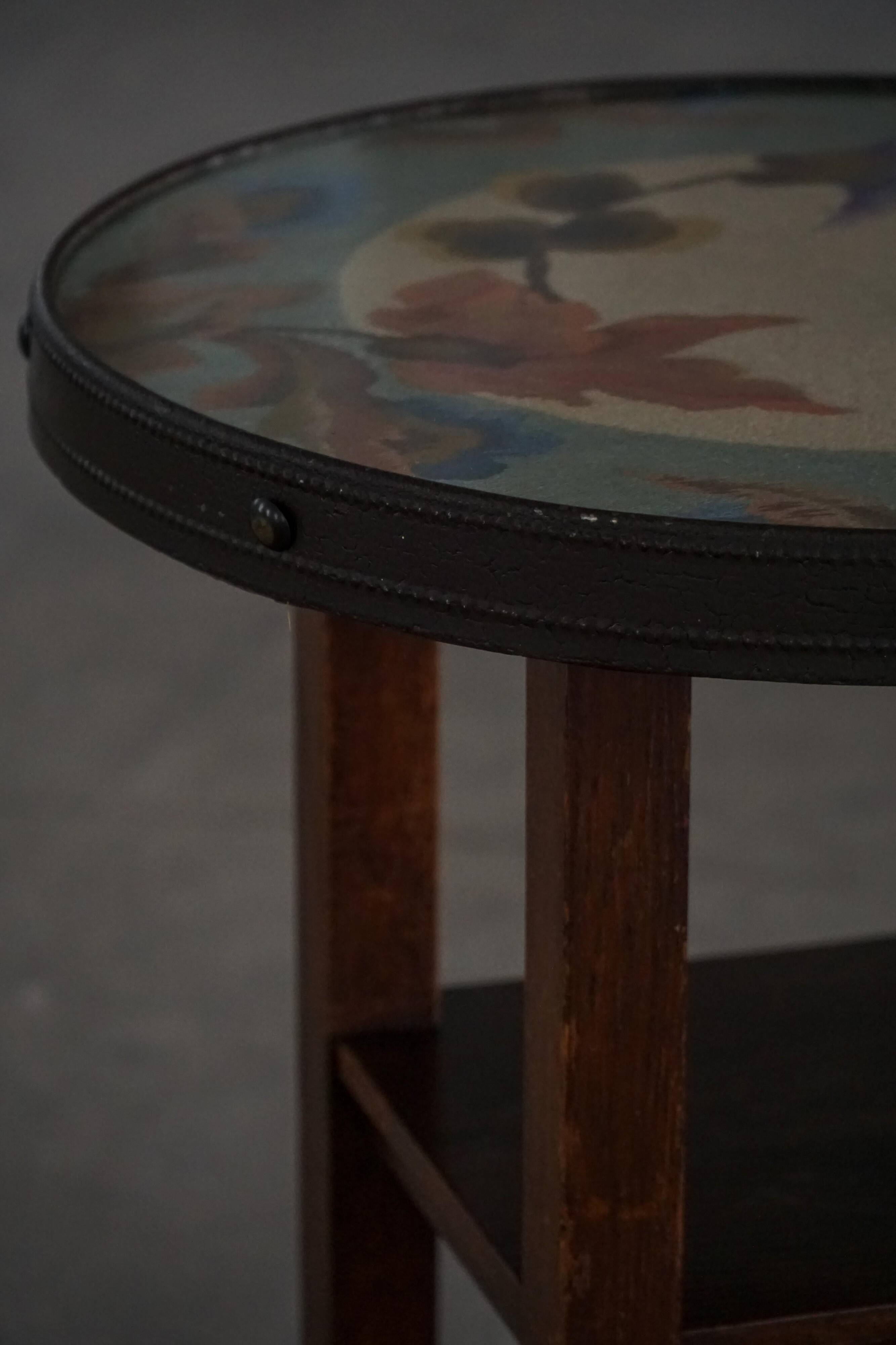 Art Nouveau, round side table with floral glass top, Danish cabinetmaker, 1920s