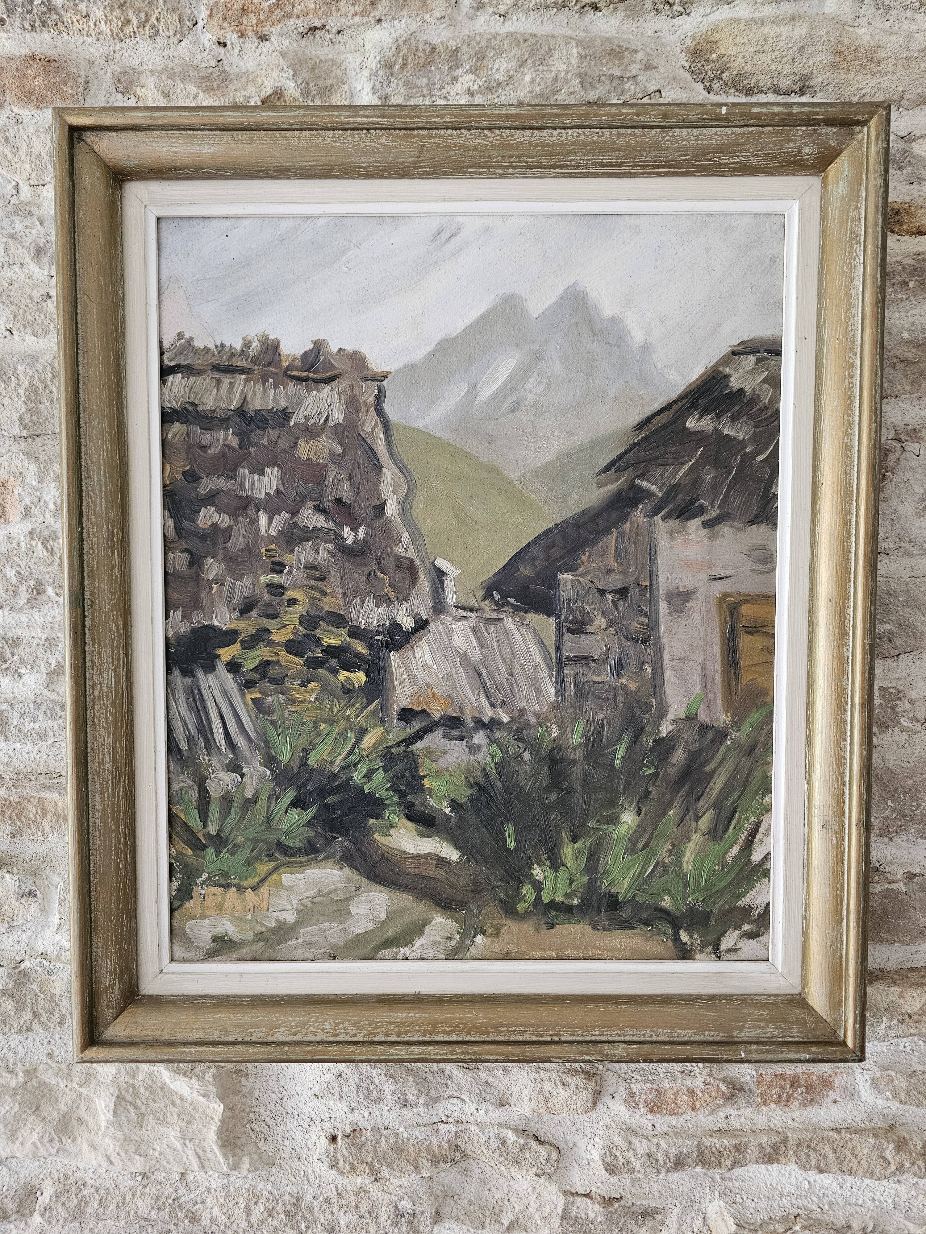 Oil on Cardboard - Mountain Chalet Landscape Signed Jean