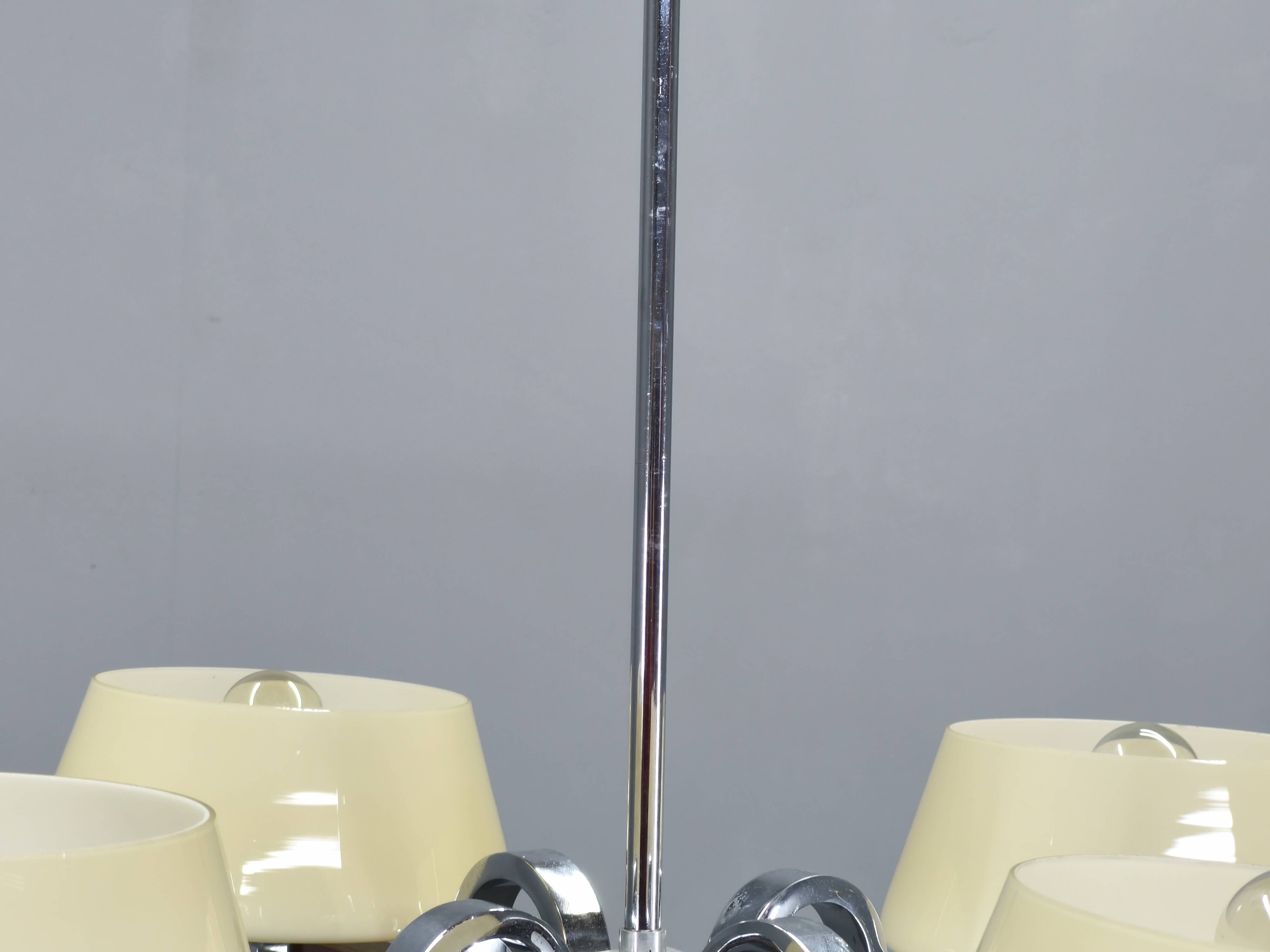 Art Deco Chandelier in Chrome, Wood and Glass, Czechoslovakia
