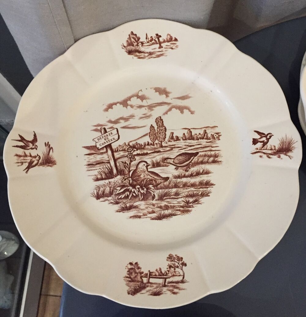 Suite of 9 flat plates in iron earth model burgundy longchamp decor hunting