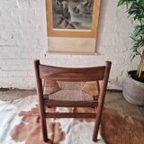 Chaises de salle à manger rustiques en teck et jonc de style français du milieu du siècle (x6)