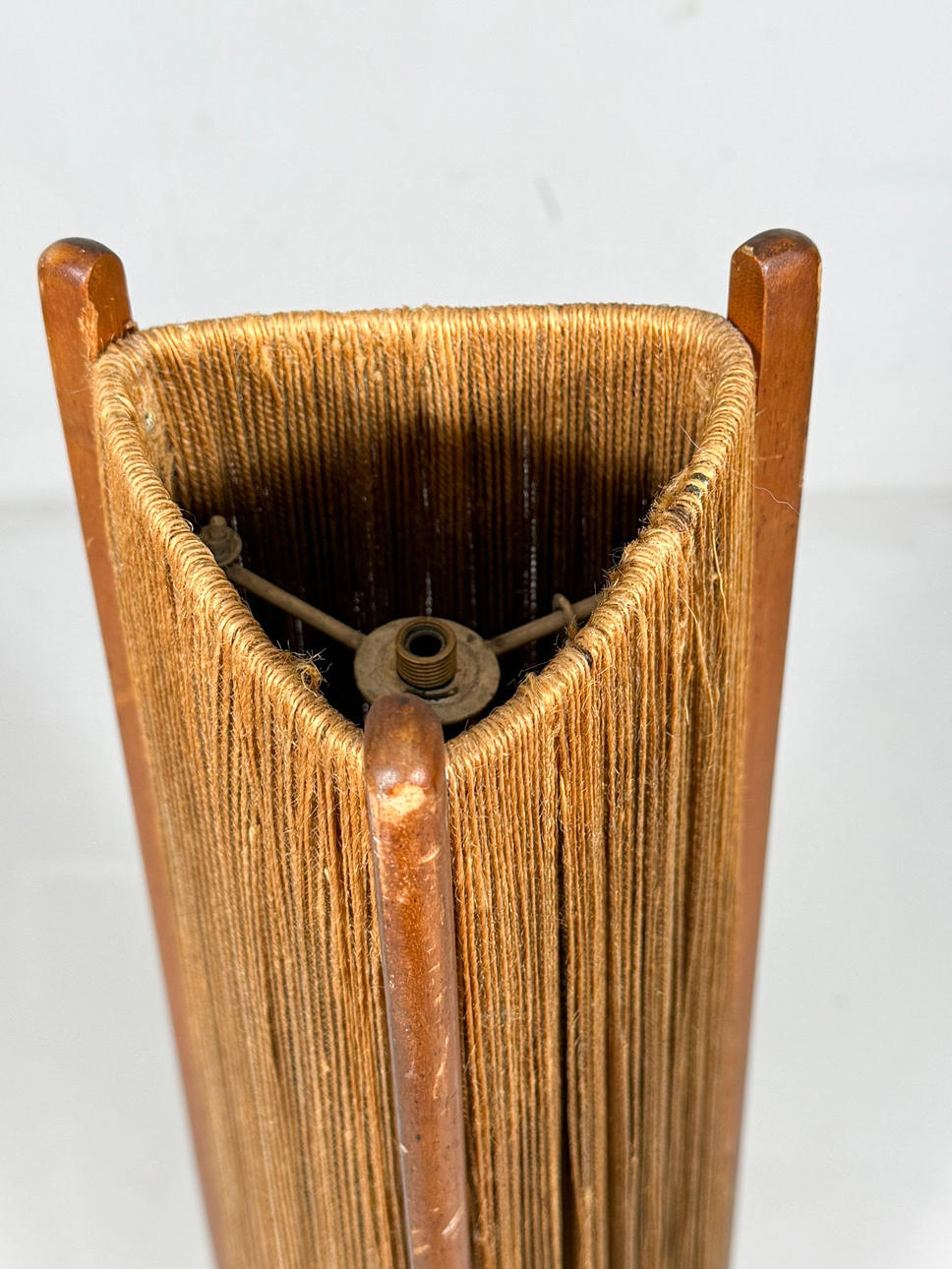 Mid-century floor lamp, sisal/teak wood, Temde, Switzerland, 1960s.