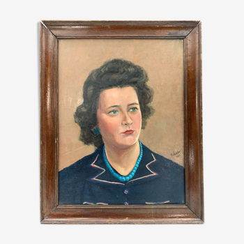 Portrait on panel H Jourdan bourgeois woman 1945 natural wood frame