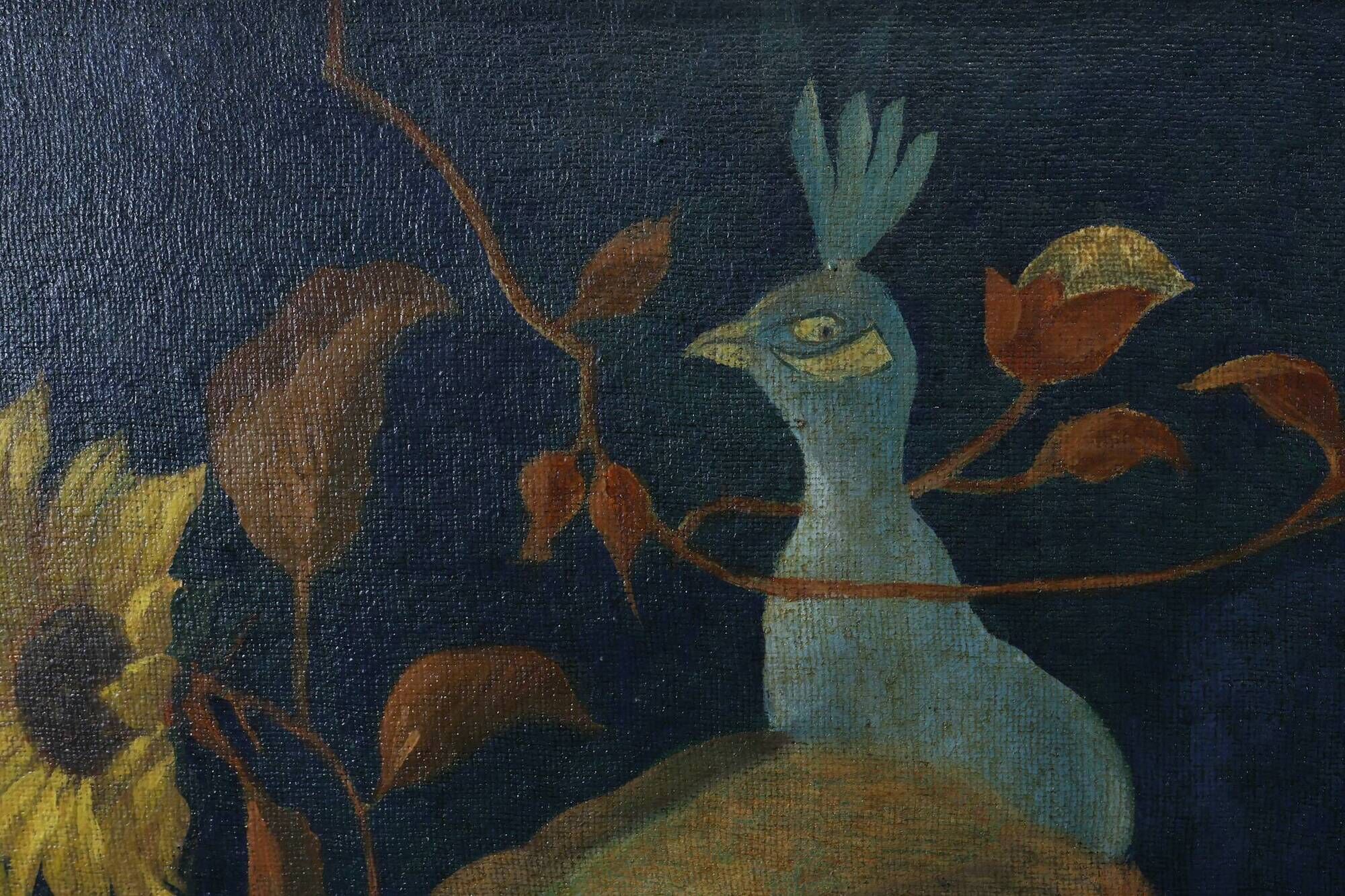 Signed Hollywood Regency style Painting of a Peacock with Roses, Belgium