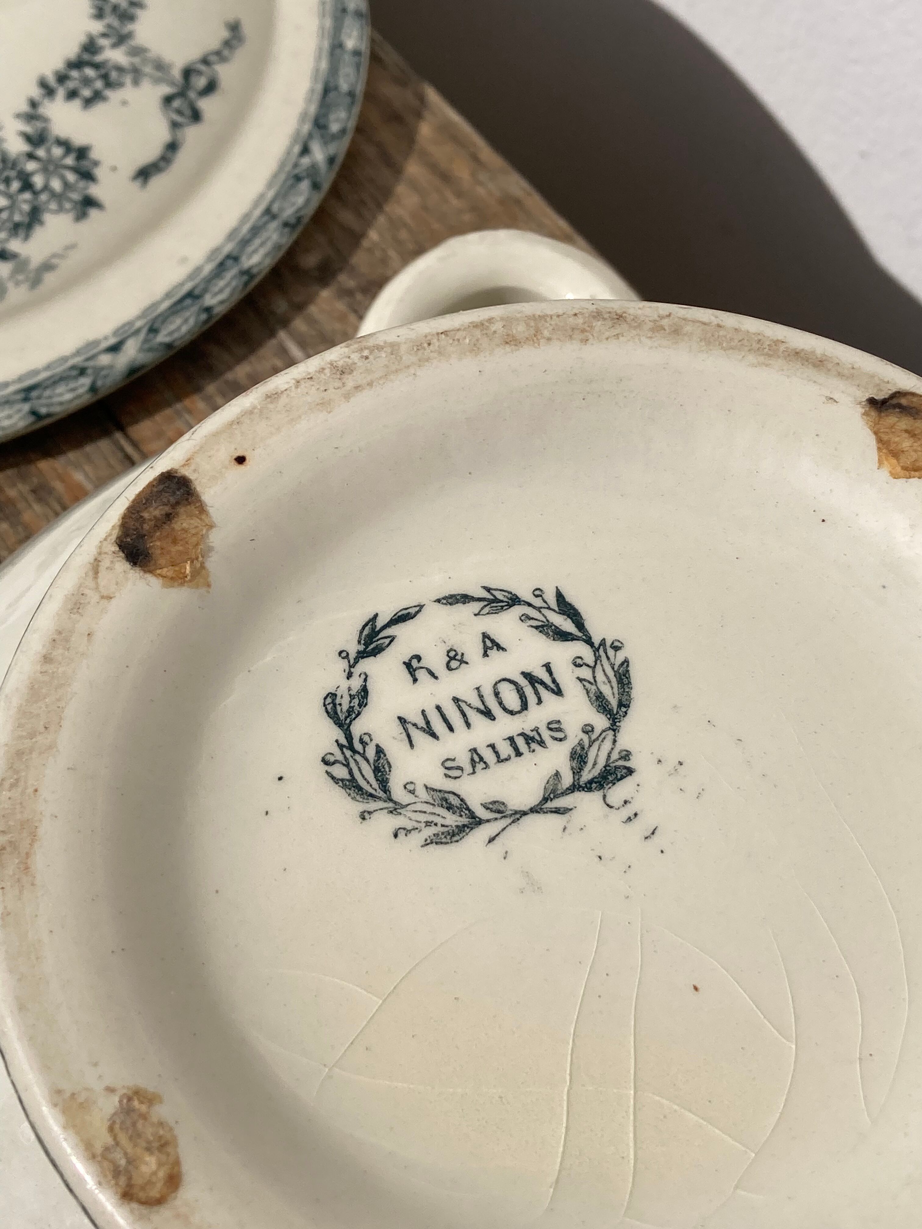 Old iron earth tureen Ninon Salins blue, ceramic and earthenware plate