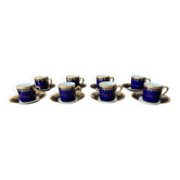 Set of 8 cups and saucers in royal blue and gold limoges porcelain