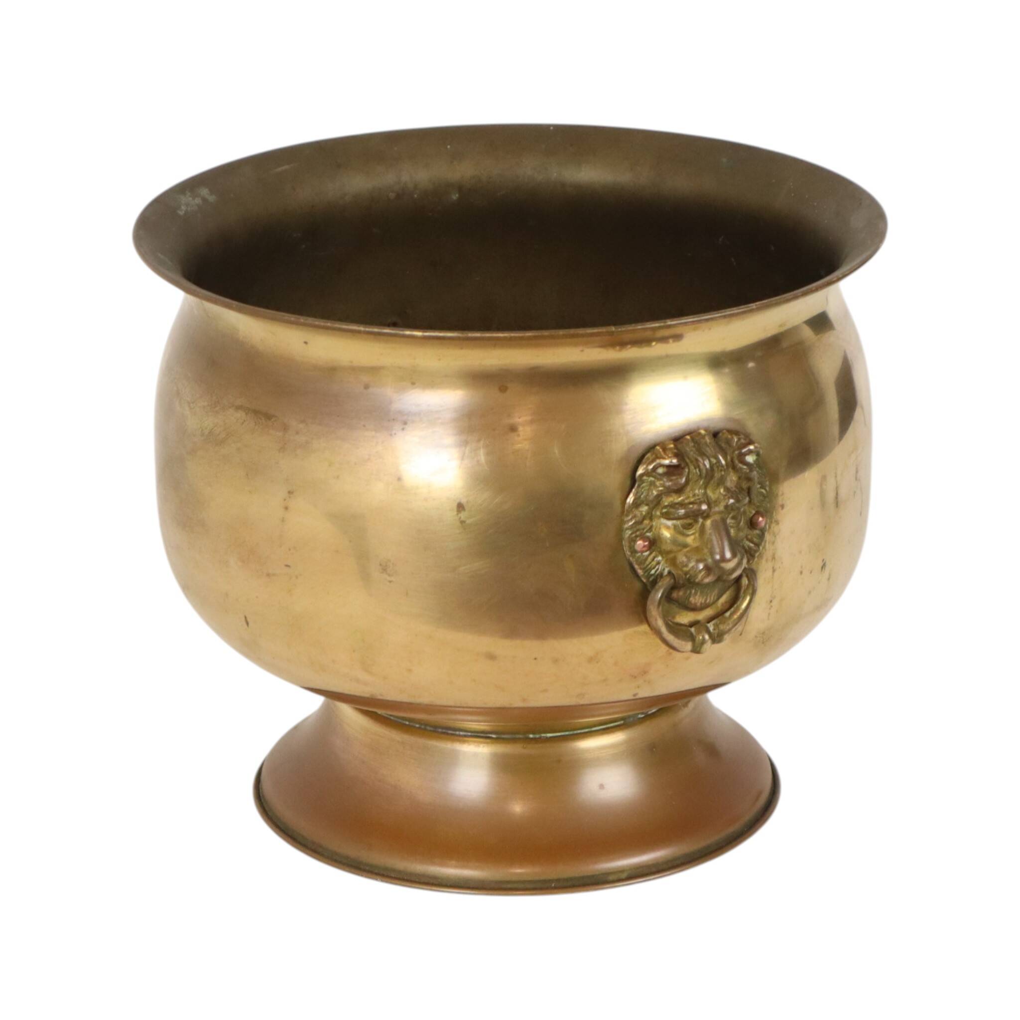 Antique Brass Jardinière Plant Pot with Lion Heads, Early 20th Century