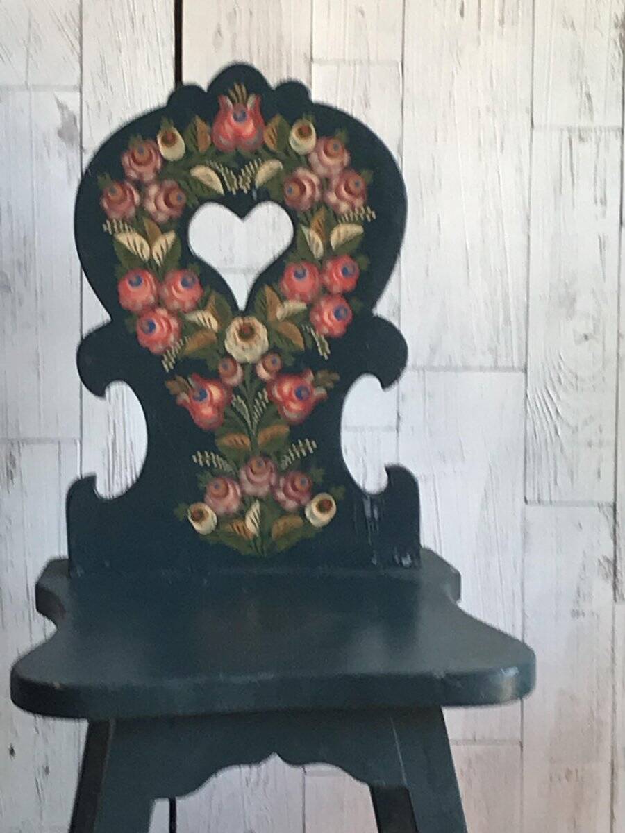 Set of 3 vintage wooden accent chairs painted navy blue, with 1920s decorated backs.