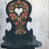 Set of 3 vintage wooden accent chairs painted navy blue, with 1920s decorated backs.