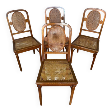 Set of 4 Antique Louis XVI Style Chairs Wood + Caning 19th Century Vintage