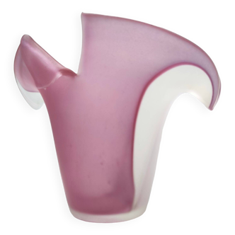 Stunning Double Color White and Pink Etched Murano Glass Vase, Italy, 1980s
