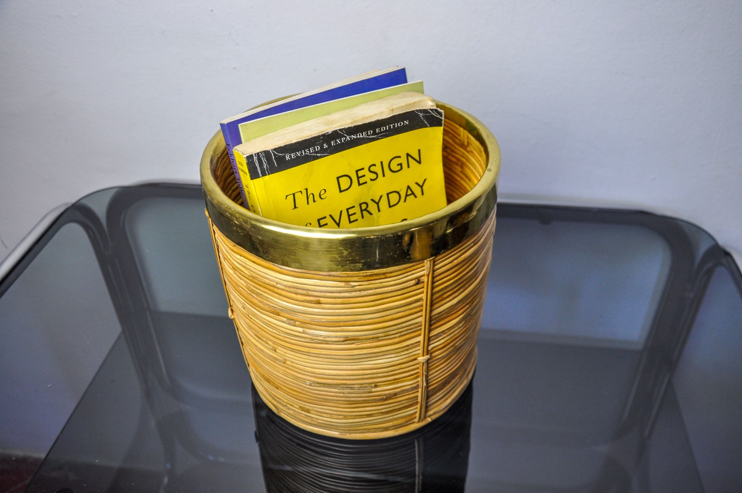 Rattan and brass book basket, Italy, 1970