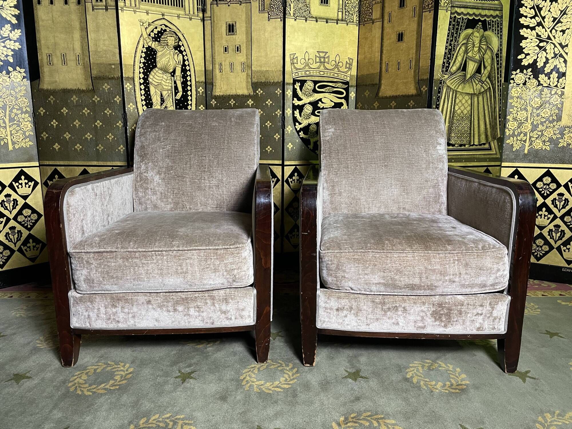 Pair of Art Deco armchairs in taupe velvet