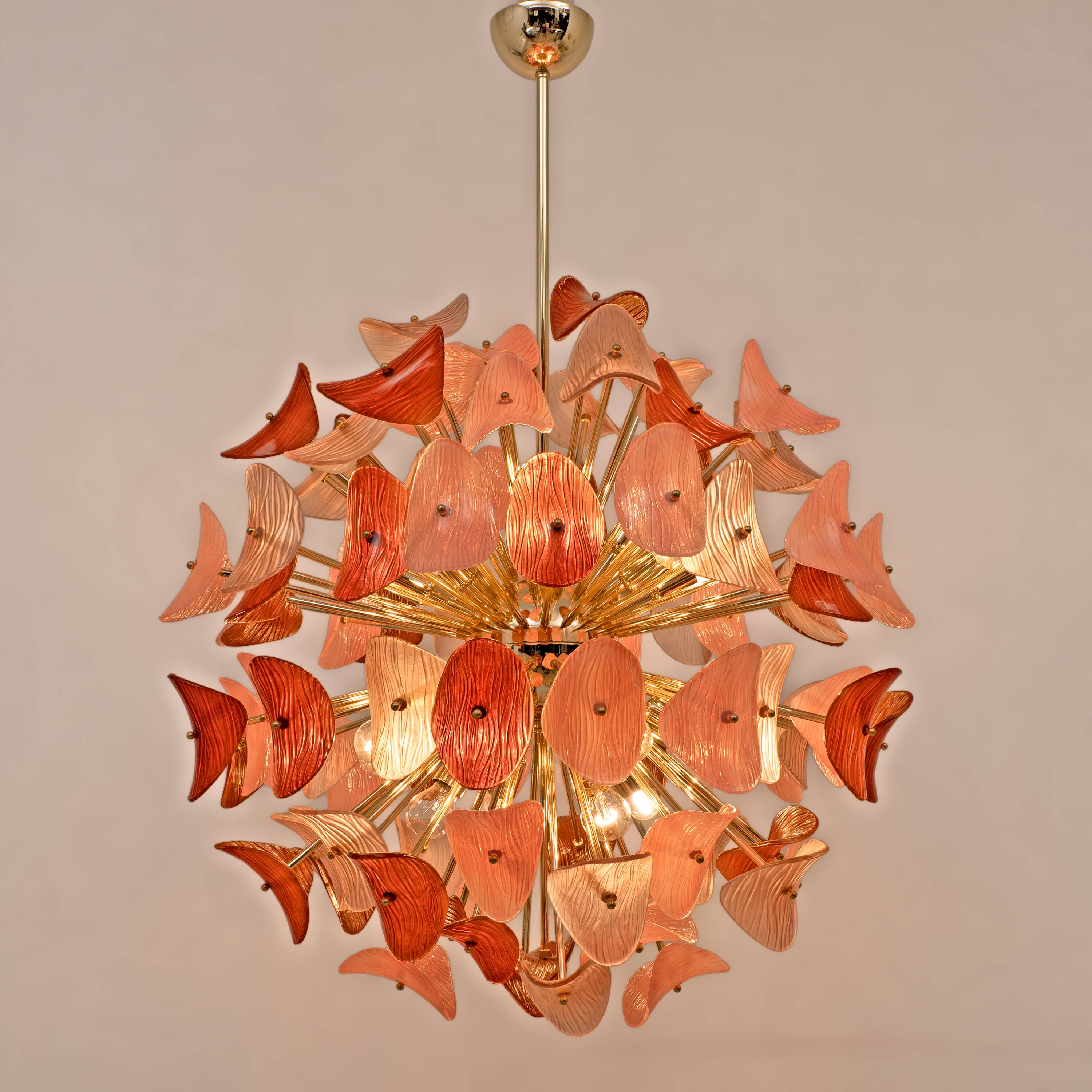 Italian Sputnik Chandelier in Pink and Ruby Murano Glass and Brass