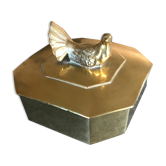 Boîte coffret vintage en laiton massif forme octogone décoration d’oiseau 14,8cm