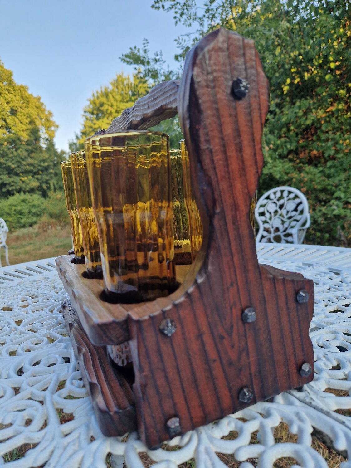 Service de 6 verres vintage ambrés avec porte-verres en bois